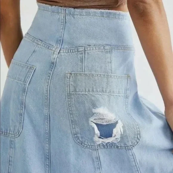 We The Free Riptide Denim Maxi Skirt | Sz 0 (XS) | Distressed Plaid Patchwork - Picture 8 of 9